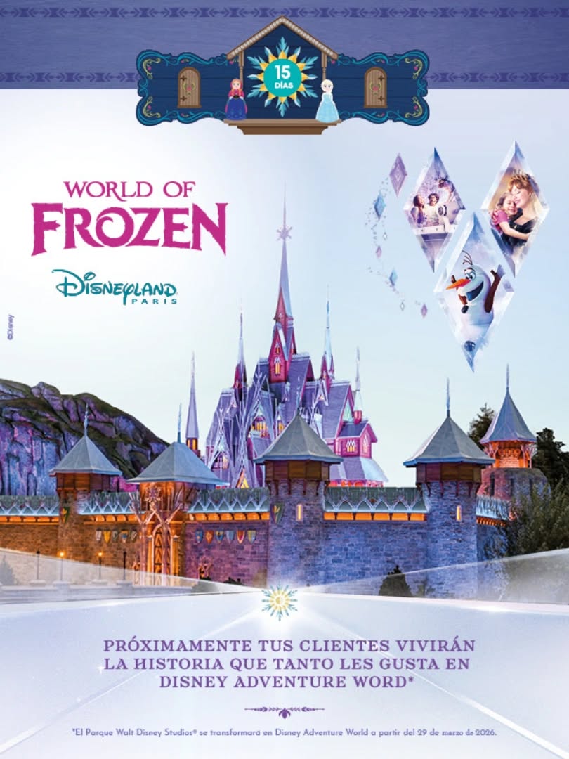 Cartel de la promoción: ❄️✨ La magia de Frozen llega a Disneyland Paris.