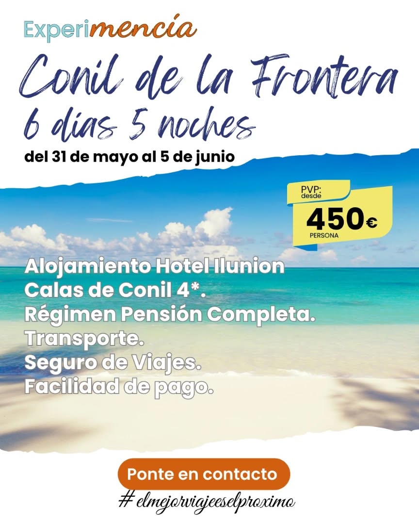 Cartel de la promoción: 🌊☀️ Desconecta en Conil de la Frontera
6 días y 5 noches para disfrutar del mar, el descanso y el mejor ambiente de la costa gaditana. 🏖️✨